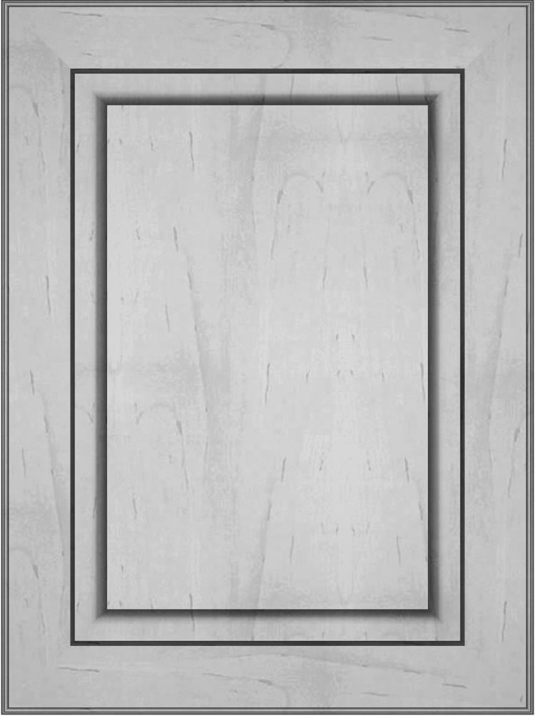 Cabinet door with a recessed center panel and layered frame in a light wood grain.