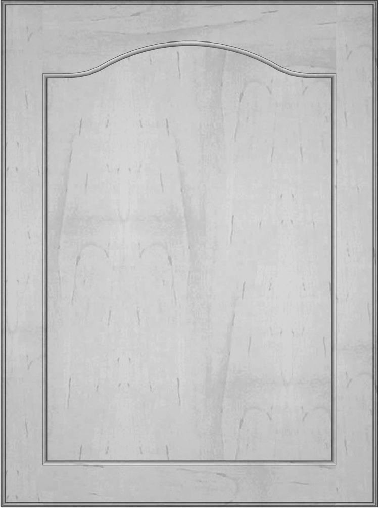 Light-colored wooden cabinet door with a raised panel and arched top.