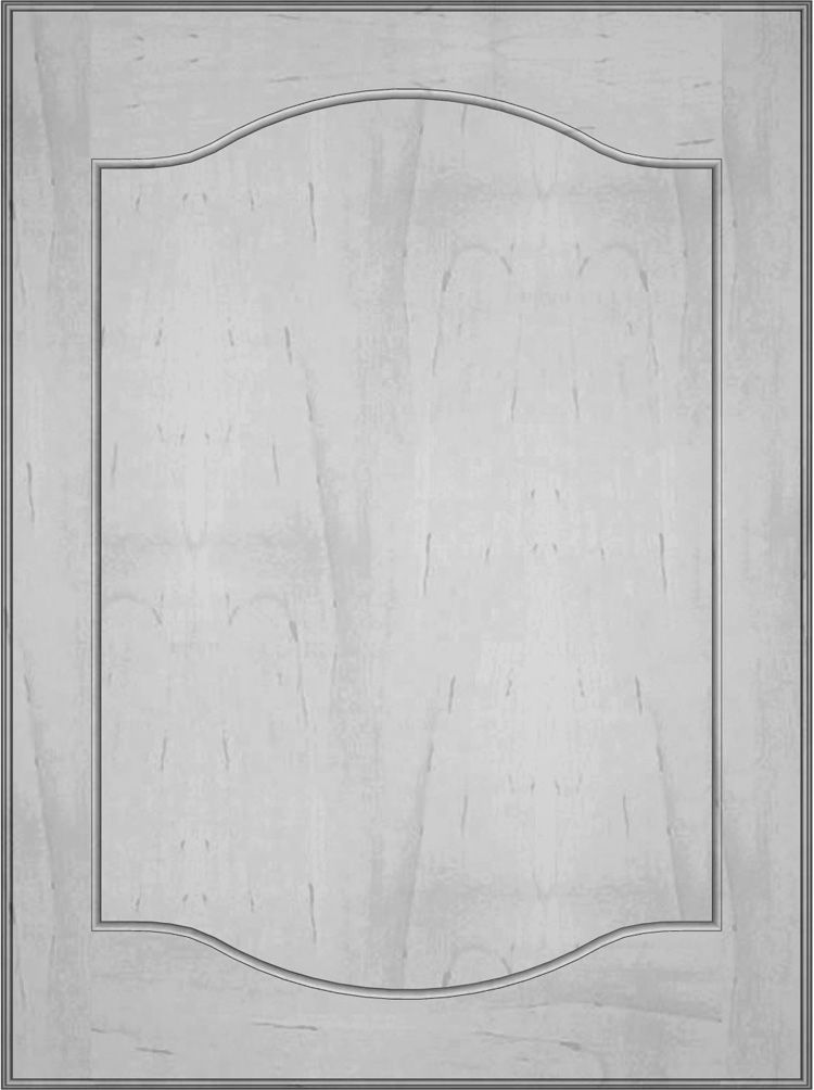 Cabinet door with a decorative curved panel and a raised frame.