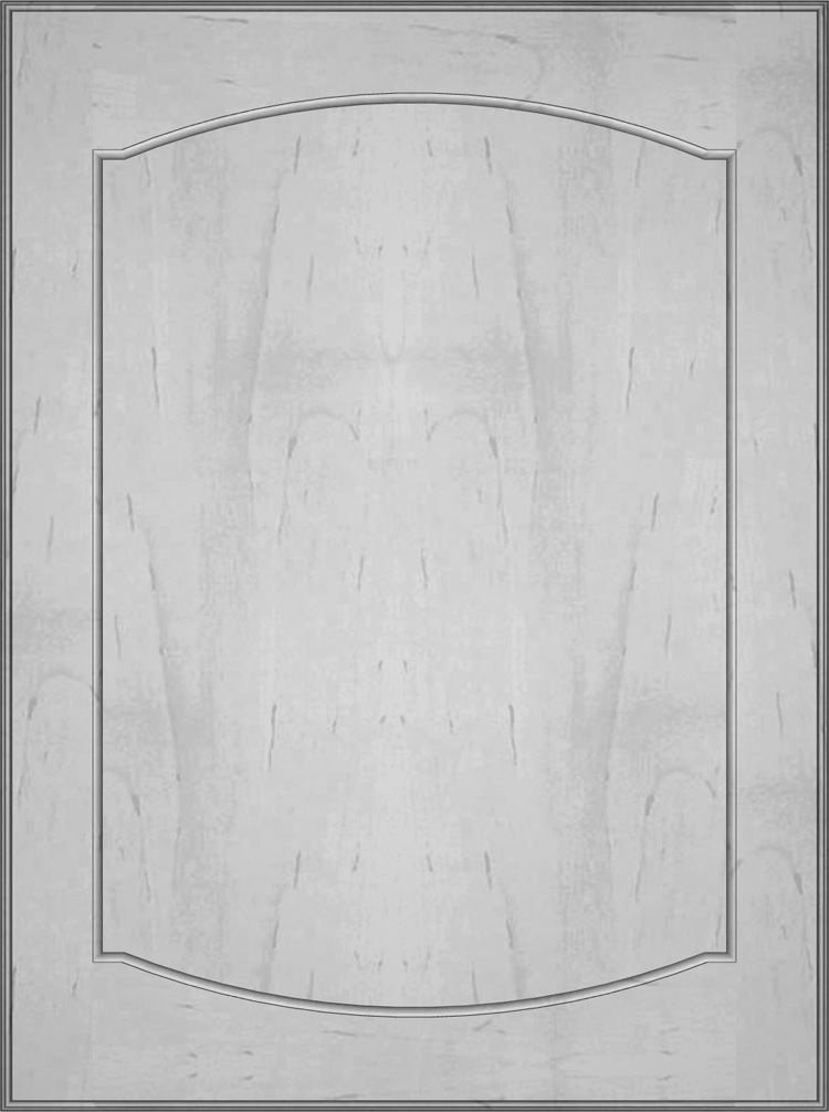 Light gray cabinet door with a raised, arched panel.
