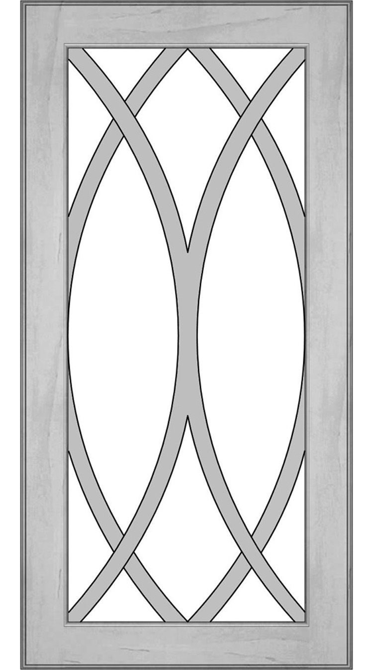 Cabinet door with grey frame, lattice design with interwoven arches.
