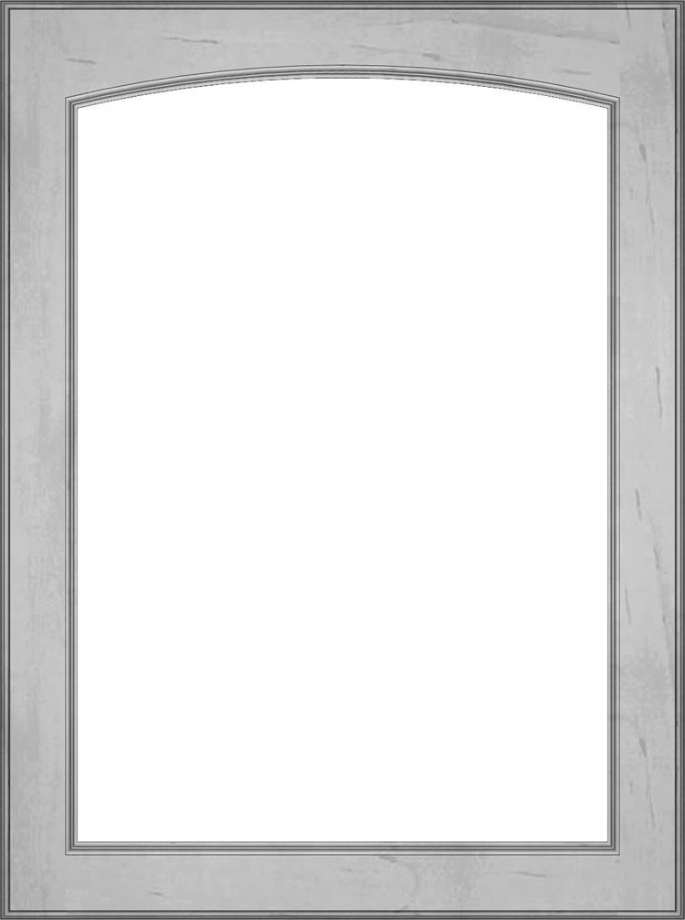 Wooden cabinet door frame with arched top and empty interior.