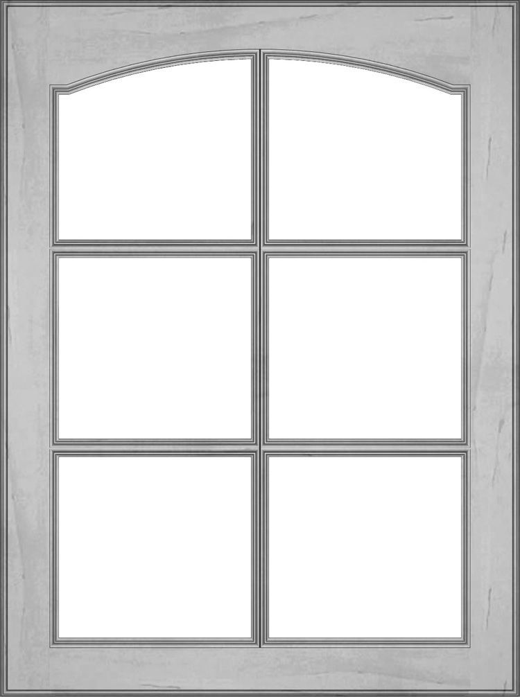 Gray arched-top window with six panes.