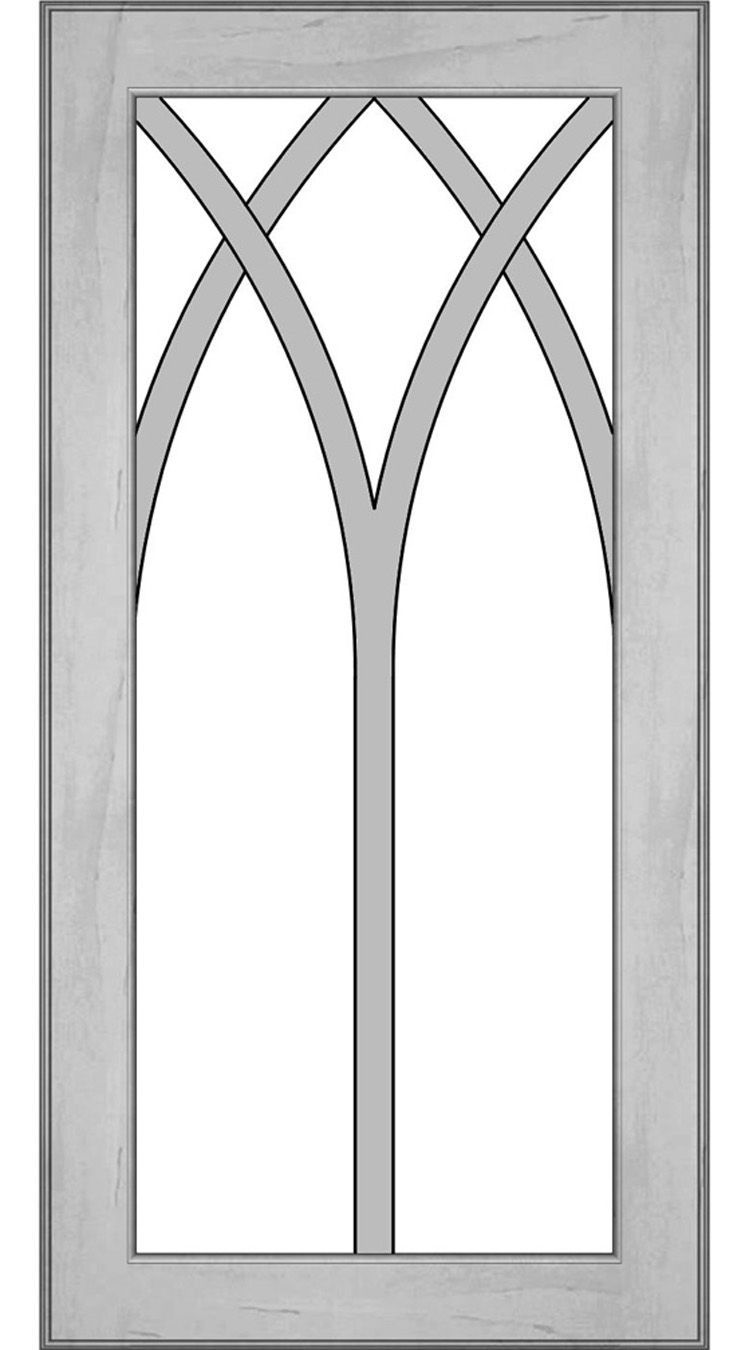 Gray wooden door with gothic arched window design.