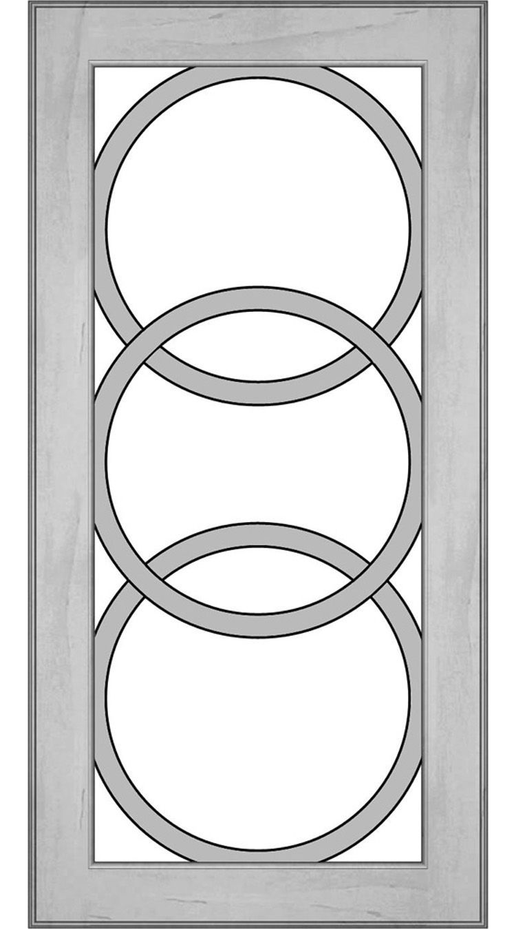 Rectangular wooden door with three interlocking gray circles as a decorative element.
