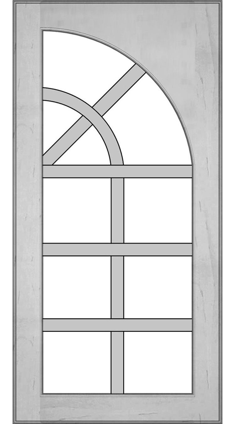 Wooden door with arched top window and rectangular grid design.