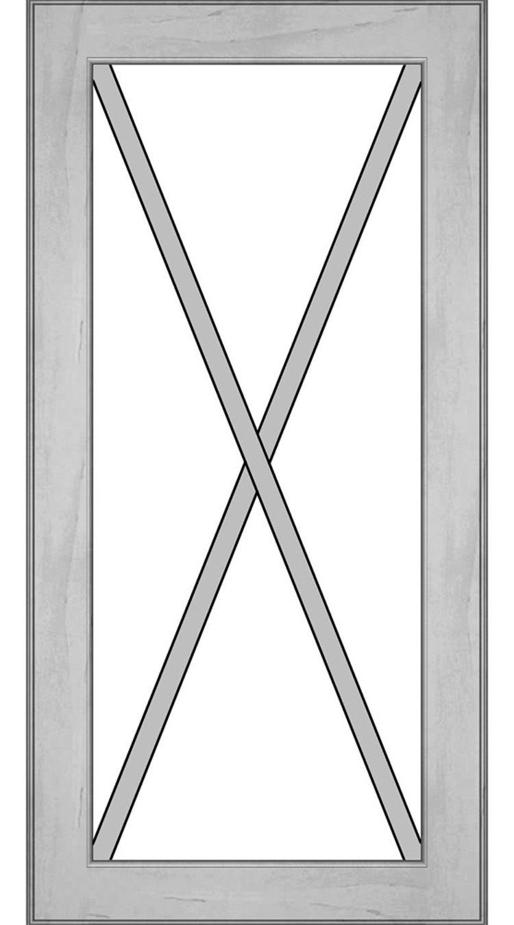 Light gray framed cabinet door with an X-shaped overlay.