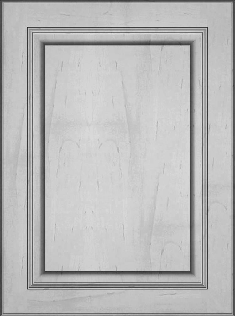 Gray wooden cabinet door with recessed panel and decorative molding.