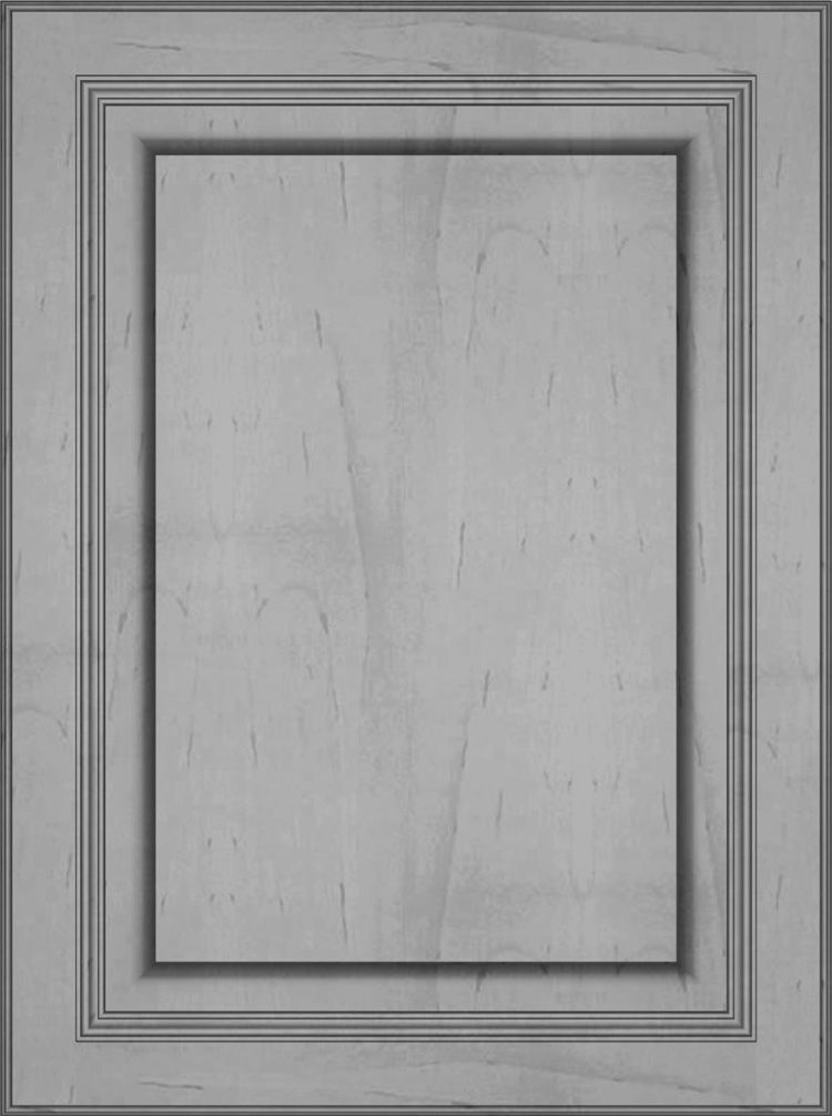 Gray cabinet door with framed panel and decorative trim.