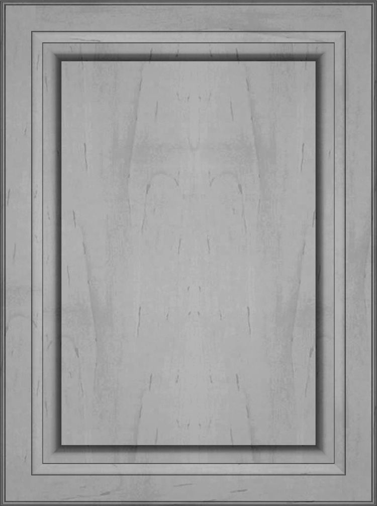 Gray framed cabinet door with recessed panel.