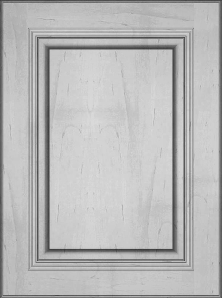 Gray, paneled cabinet door with a raised center panel and decorative molding.