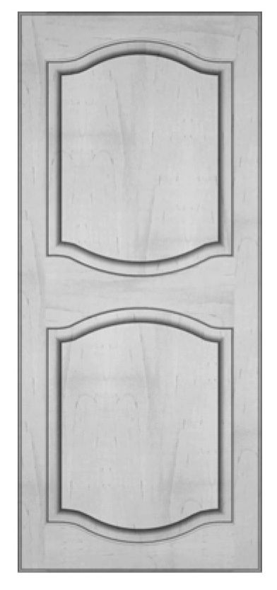 Gray wooden door with two decorative panels.