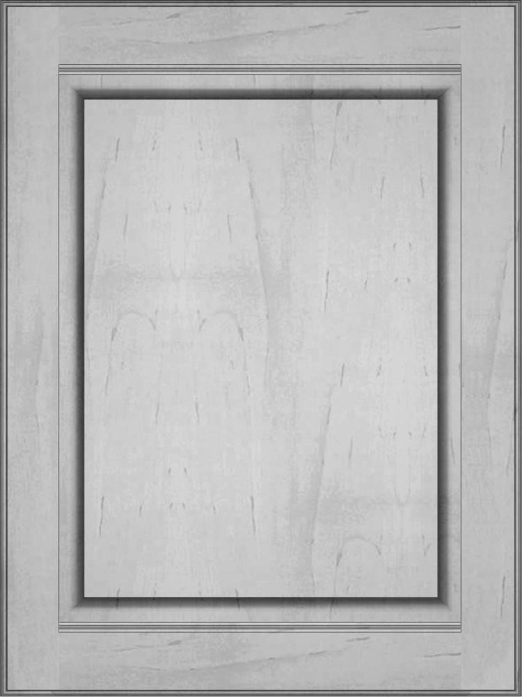 Light-colored wooden cabinet door with a raised center panel and molded frame detail.