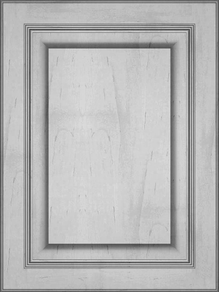 Gray and white wooden cabinet door with raised panel and decorative trim.