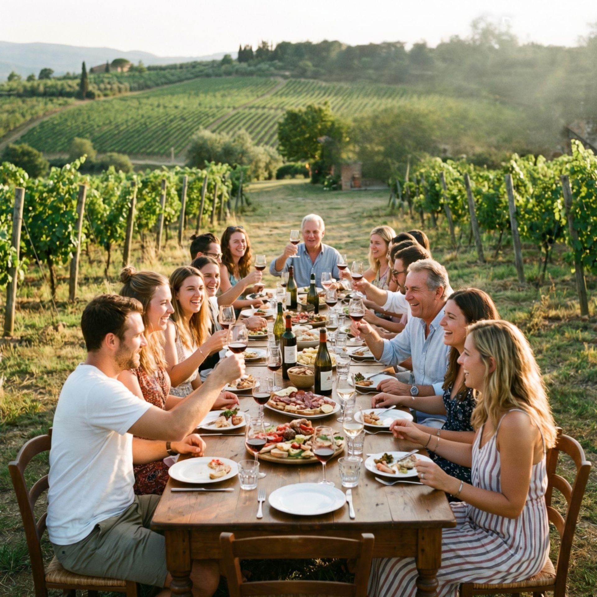 Friends dining outdoors at a long table in a vineyard at sunset — Mudgee Passenger Transport in Mudgee, NSW