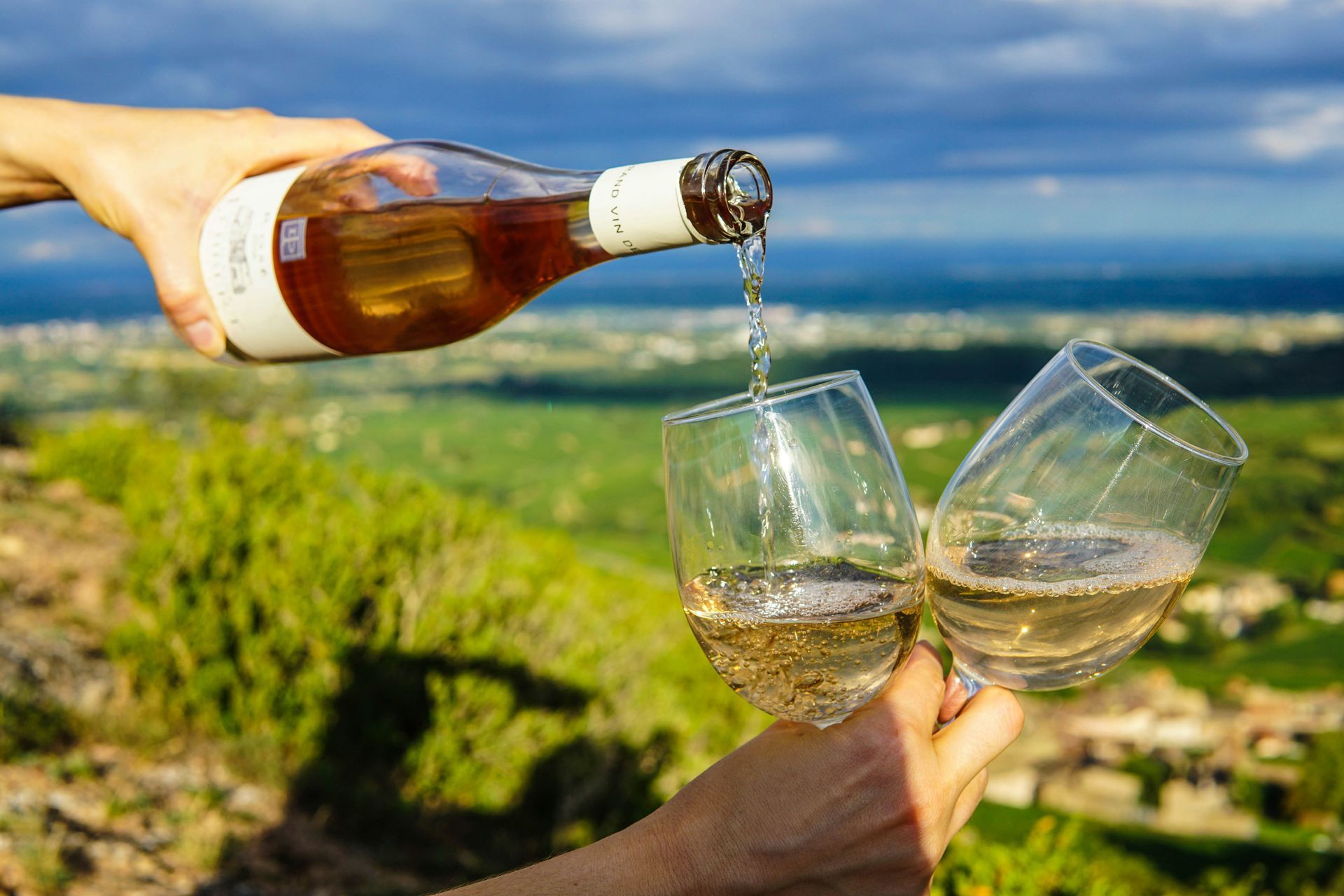 Hands pouring white wine into two glasses over a vineyard with hills in the background — Mudgee Passenger Transport in Mudgee, NSW