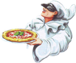 Un fattorino di pizza dei cartoni animati in uniforme bianca tiene in mano una pizza e sorride