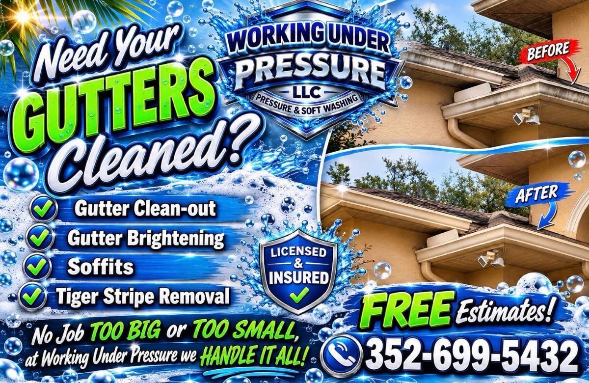 Gutter cleaning ad with before-and-after roof photos, blue sky, and phone number for free estimates Gutter cleaning ad with before-and-after roof photos, blue sky, and phone number for free estimates