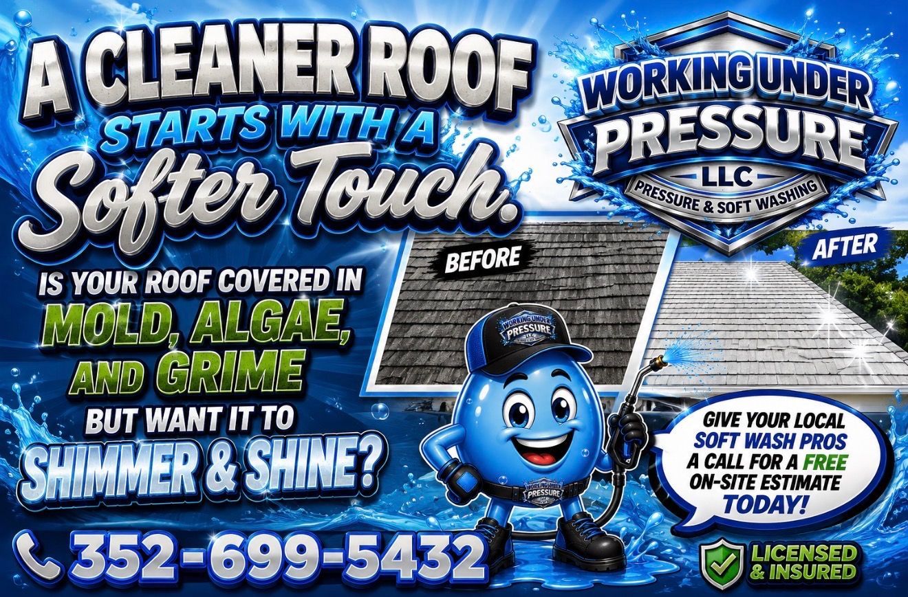 Gutter cleaning ad with before-and-after roof photos, blue sky, and phone number for free estimates Gutter cleaning ad with before-and-after roof photos, blue sky, and phone number for free estimates