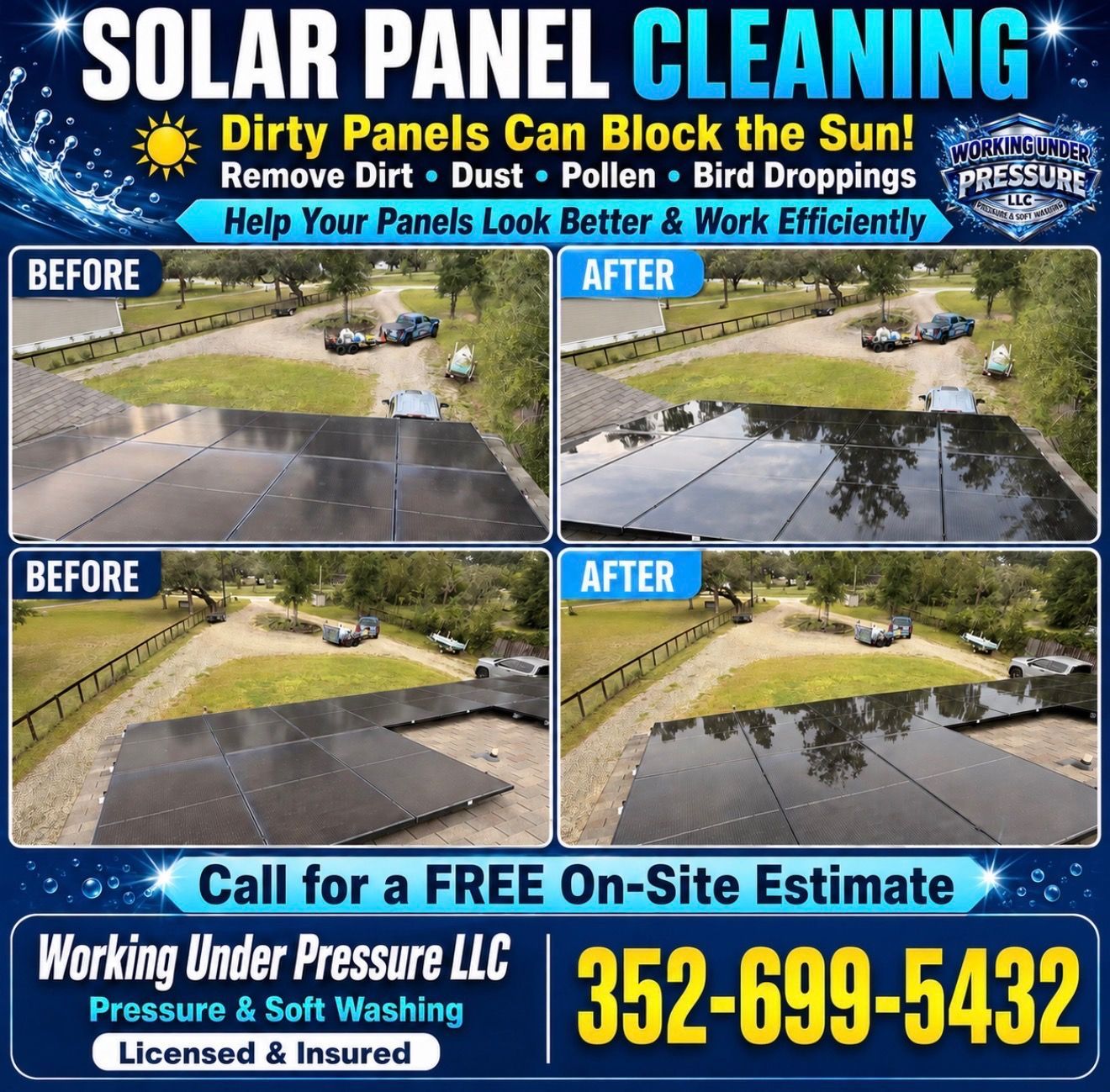 Gutter cleaning ad with before-and-after roof photos, blue sky, and phone number for free estimates