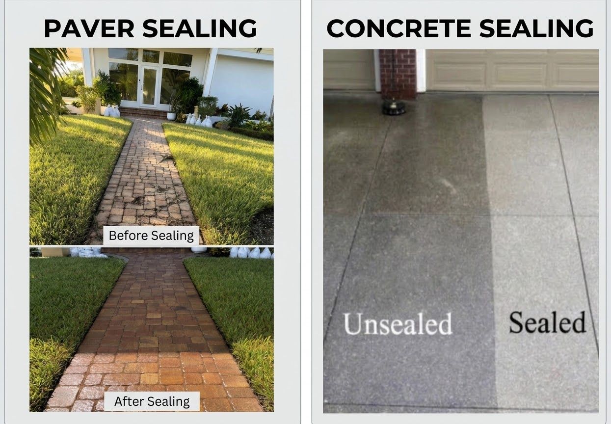 Pressure washing technician cleaning a concrete driveway at a Florida home