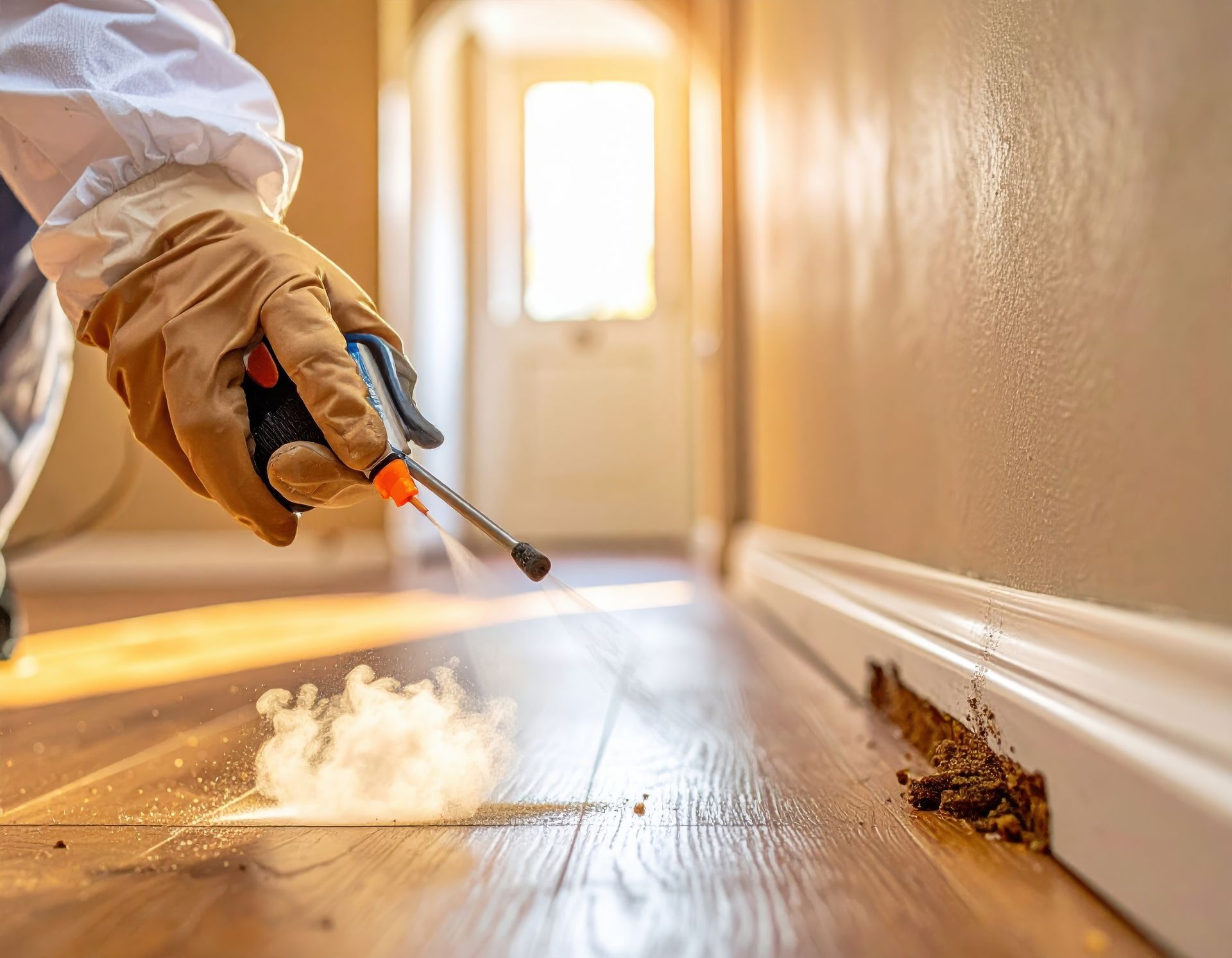 Pest control worker spraying insecticide near termite damage on a wooden floor in a hallway.