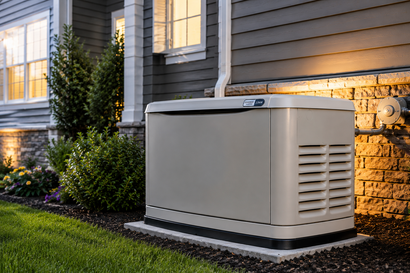 Outdoor home standby generator beside a house, with beige housing and brick wall at dusk