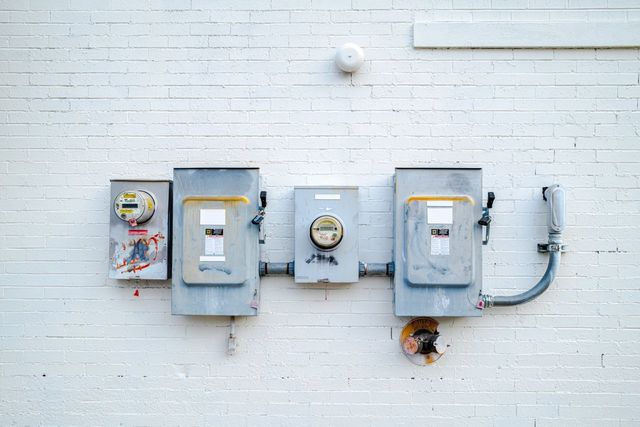 Three gray utility meters and boxes mounted on a white brick wall with wires and conduit