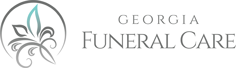 The logo for georgia funeral care shows a flower in a circle.