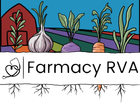 Logo for Farmacy RVA featuring a barn, garden vegetables, and a heart-shaped stethoscope on a white background.
