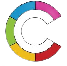 Colorful segmented letter C logo in blue, pink, red, yellow, and green on white background