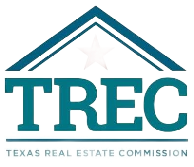 TREC Texas Real Estate Commission logo in teal with a stylized roof and star above the letters TREC
