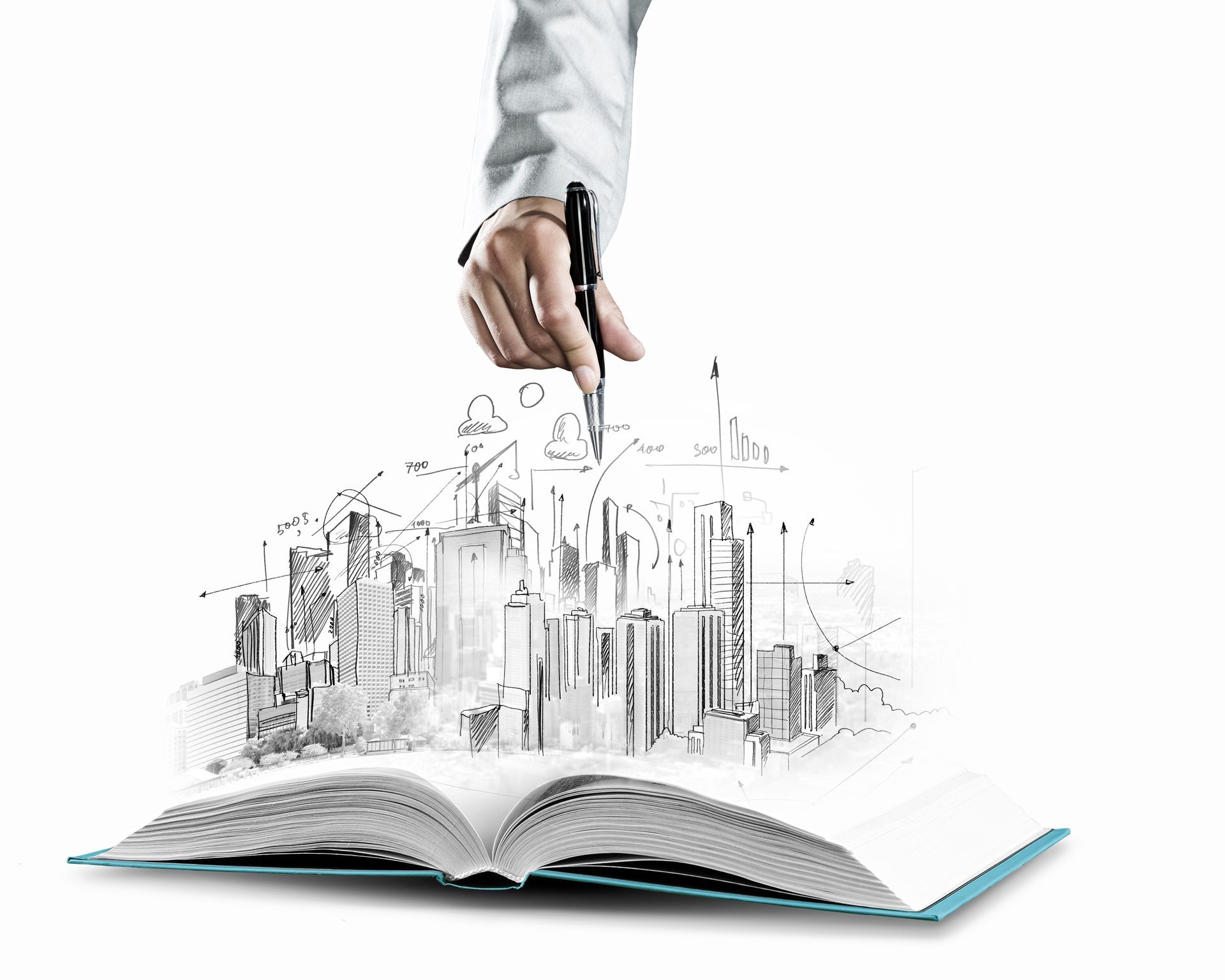 Opened book and hand drawing building sketches