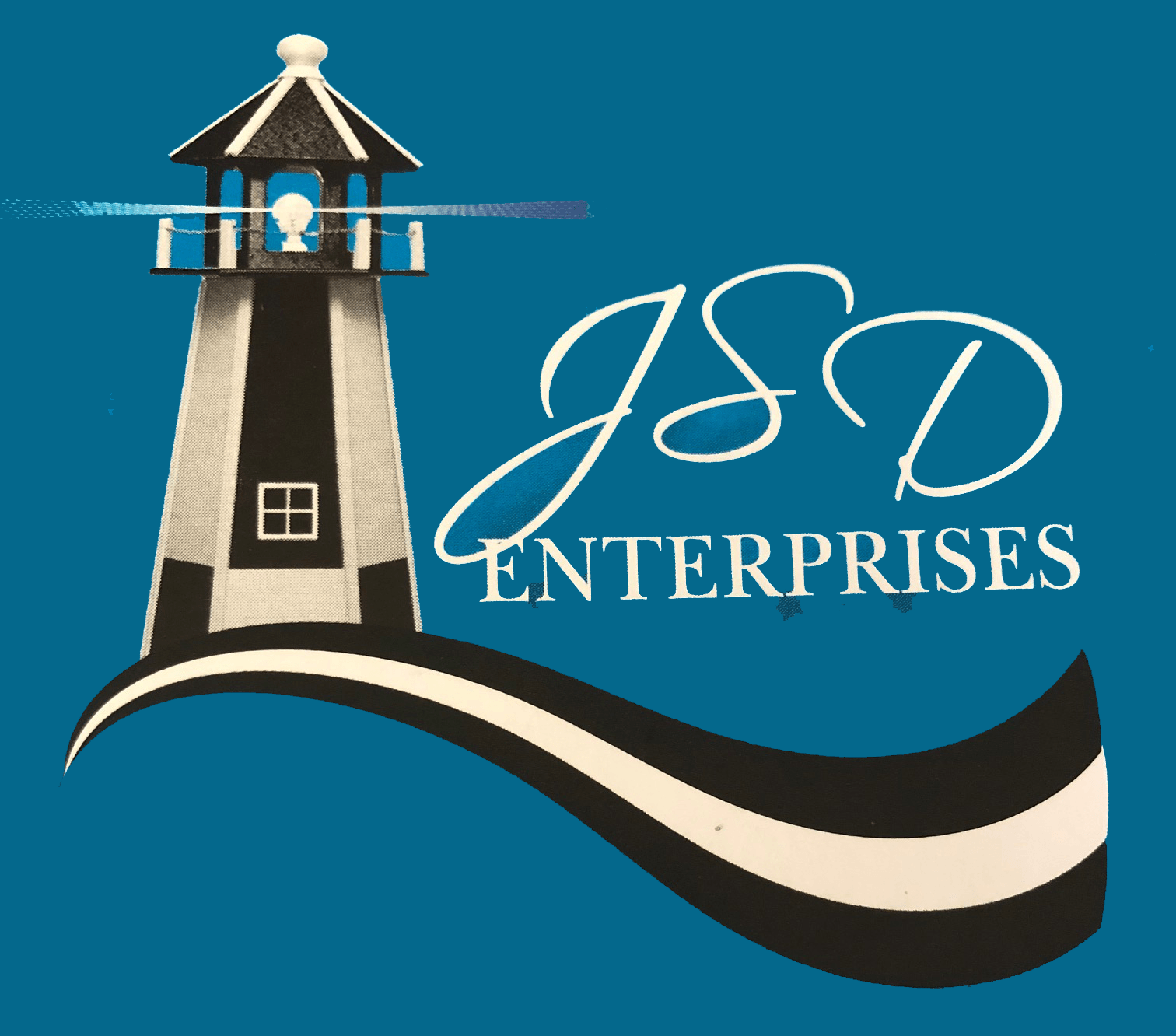 Blue logo with a lighthouse and stylized waves; JSD ENTERPRISES in script.