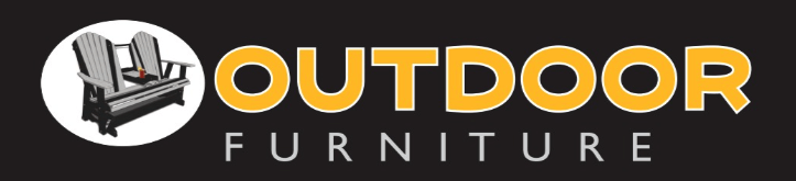 Logo for Outdoor Furniture featuring a double Adirondack chair in a white circle and yellow text on black background.