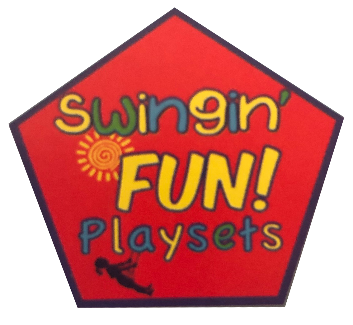 Swingin' FUN! Playsets logo in a red pentagon. Yellow text with a sun graphic and silhouette of a child swinging.