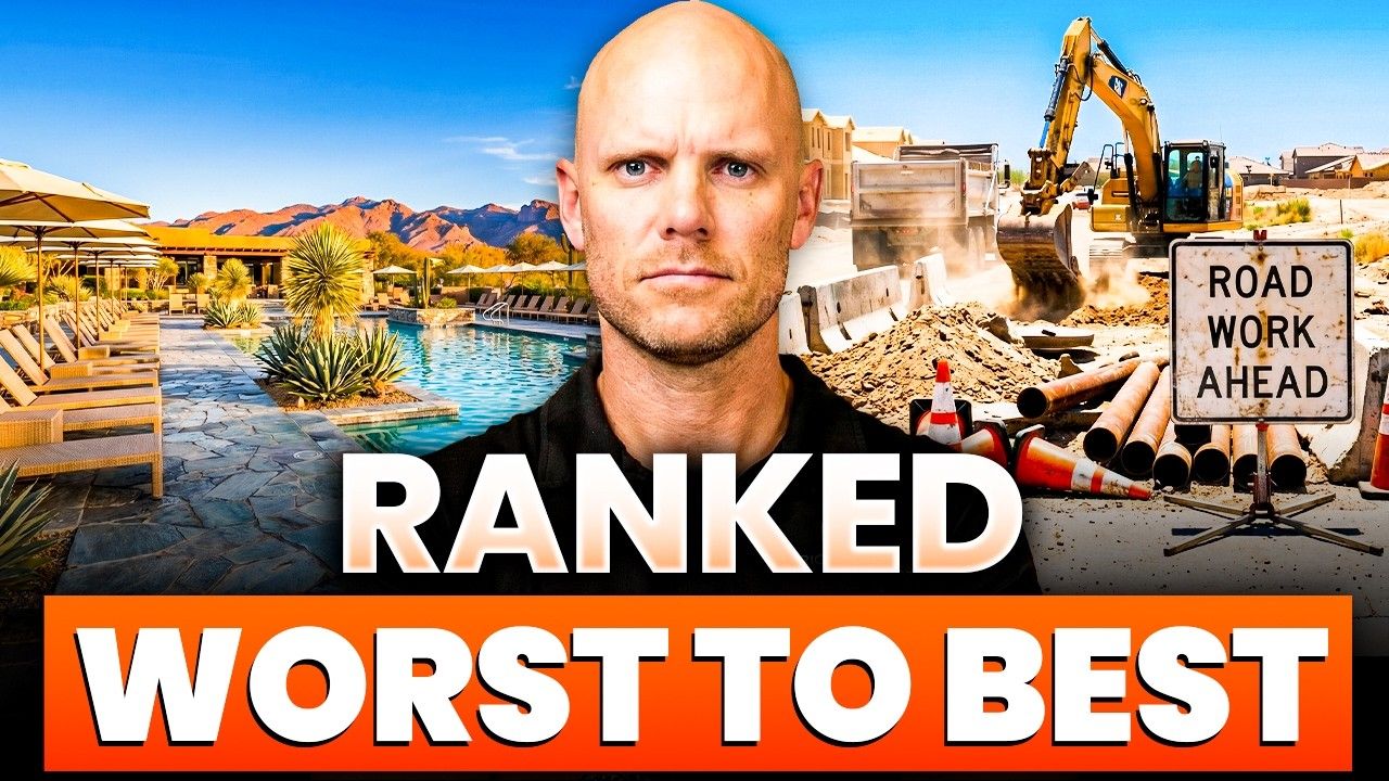 Man in center over collage of roads, water, and construction, with bold text “RANKED WORST TO BEST” and road work sign