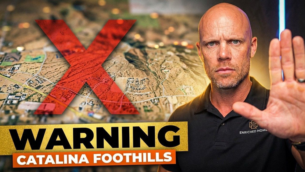 Man holding up a stop gesture beside map with red X and warning label: Catalina Foothills