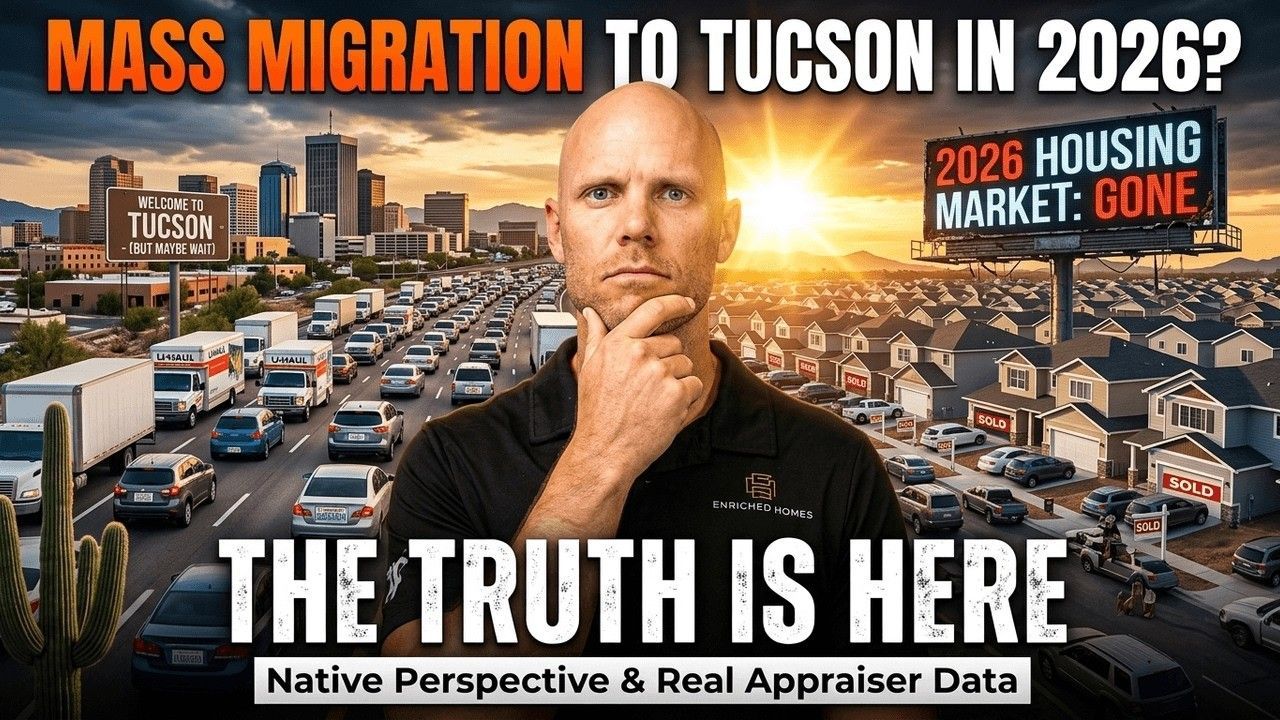 Man thinking over Tucson traffic with bold text: “Mass migration to Tucson in 2026?” and “The truth is here.”