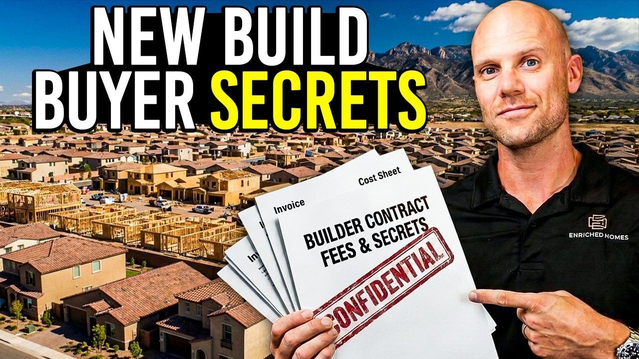 New build buyer secrets thumbnail with man holding “confidential” contract pages over a housing development background
