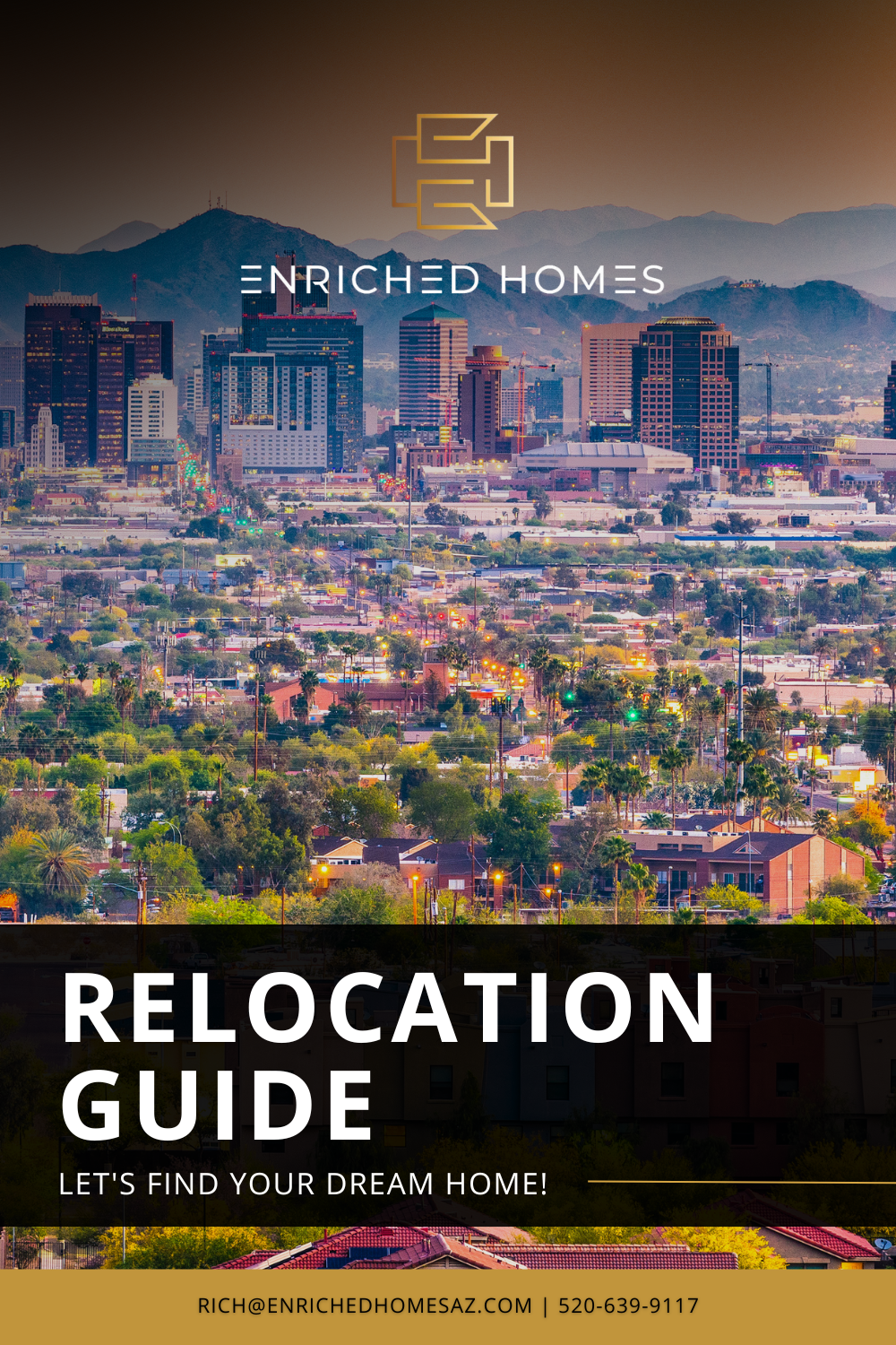 A relocation guide for enriched homes shows a city with mountains in the background.