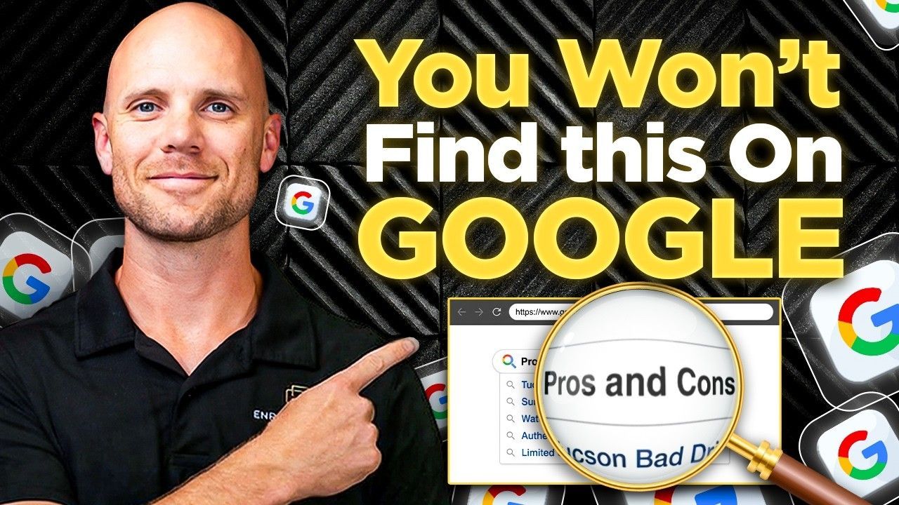 Man pointing at text “You Won’t Find this On GOOGLE” beside a magnified “Pros and Cons” webpage thumbnail