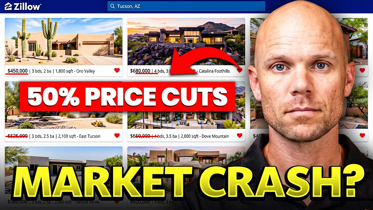 Zillow homes with “50% PRICE CUTS” and “MARKET CRASH?” text beside a man’s face