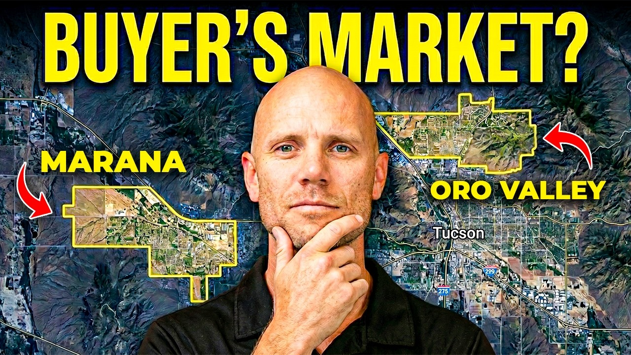 Man in front of map with “BUYER’S MARKET?” headline, labeled Marana and Oro Valley