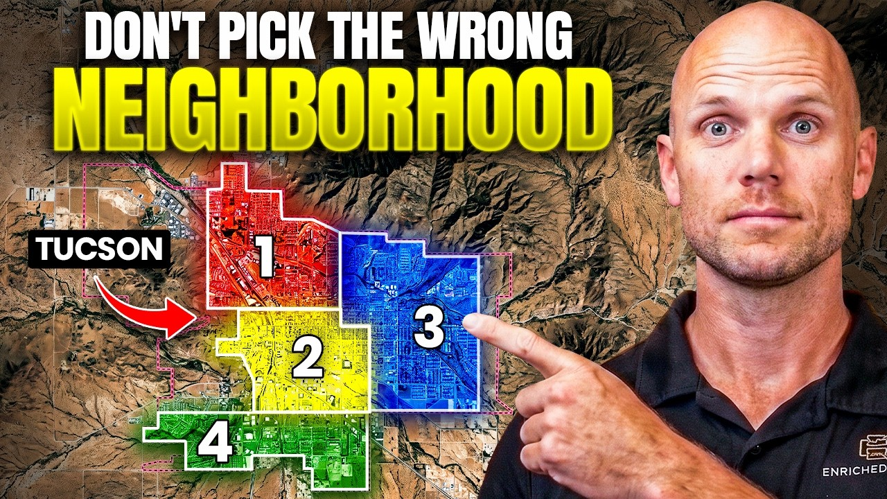Map of Tucson neighborhoods with numbered colored blocks and a man pointing, headline “DON’T PICK THE WRONG NEIGHBORHOOD.”