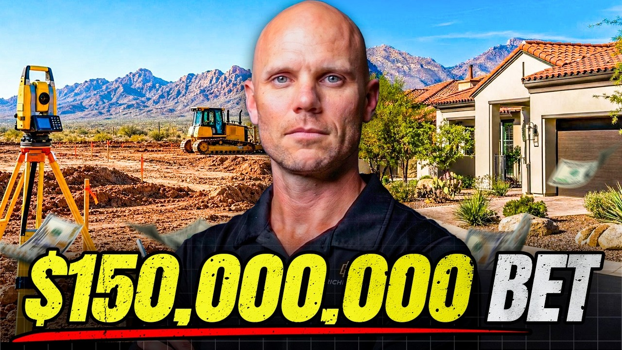 Bald man in front of a construction site and house, with bold text reading