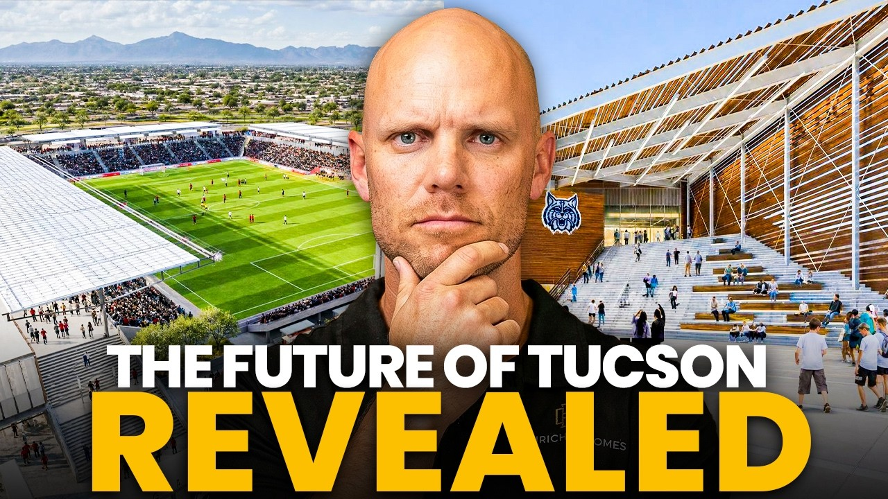 Stadium render with bald man and bold text: “THE FUTURE OF TUCSON REVEALED”
