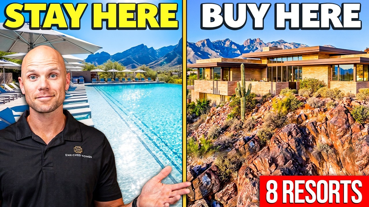 Split thumbnail: man by blue pool and beach with “STAY HERE”; resort villas with “BUY HERE” and “8 RESORTS”