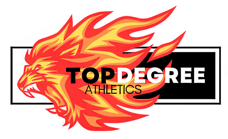 Fiery lion head logo for Top Degree Athletics. Text overlay: