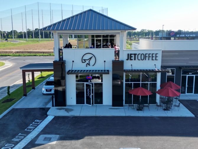 An aerial view of a restaurant called jet coffee